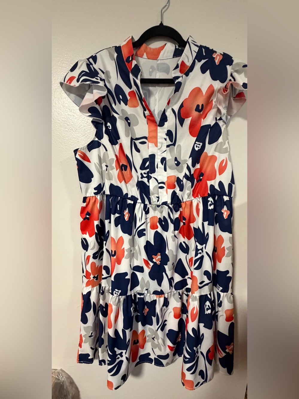 SHEIN White Navy & Coral Floral Tiered Midi Dress